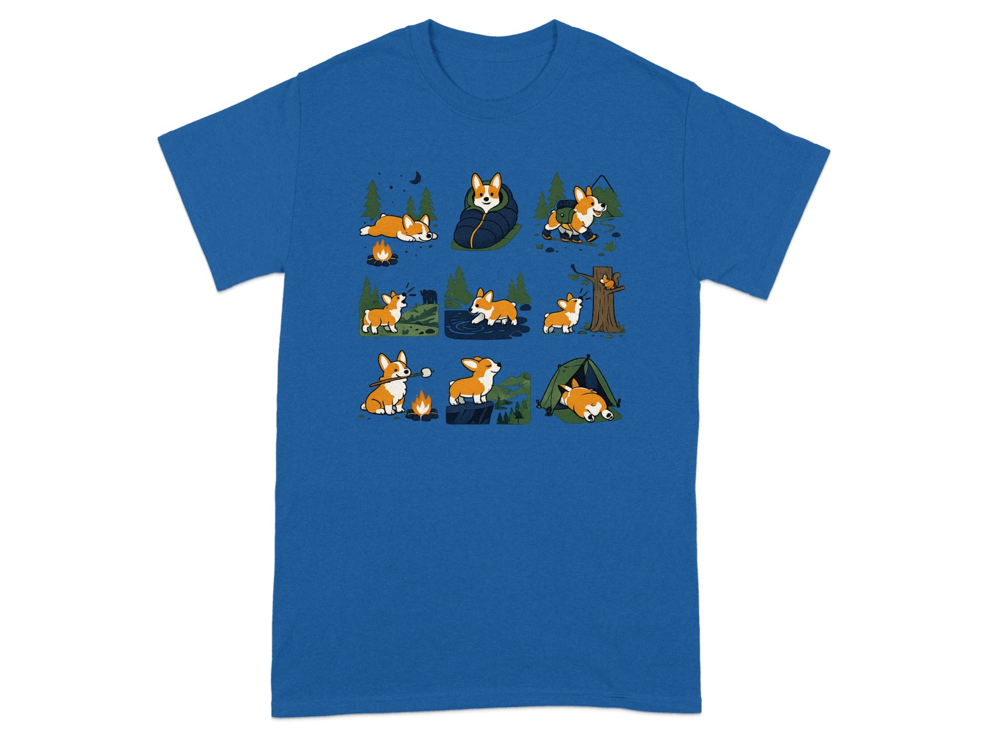 T-shirt with a grid of nine illustrations of corgis camping in various activities.