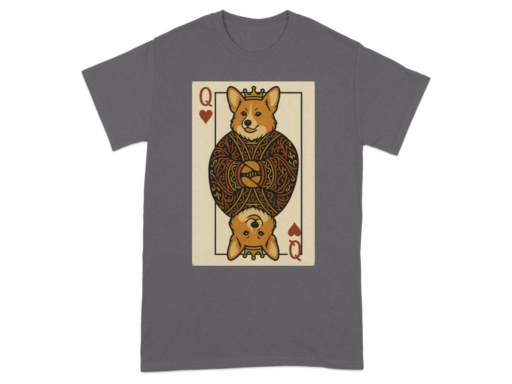 T-shirt with a queen of hearts playing card design featuring corgi dogs.