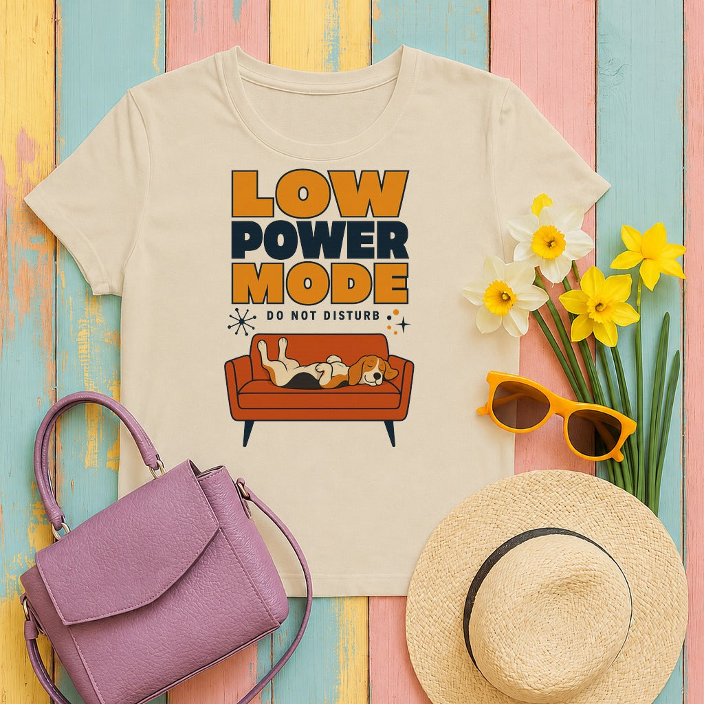 migbackfill the-low-power-mode-beagle-t-shirt tee flat lay hero v8