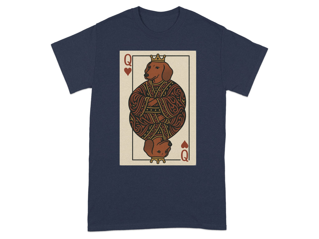 A dachshund depicted as the Queen of Hearts playing card on a navy t-shirt.