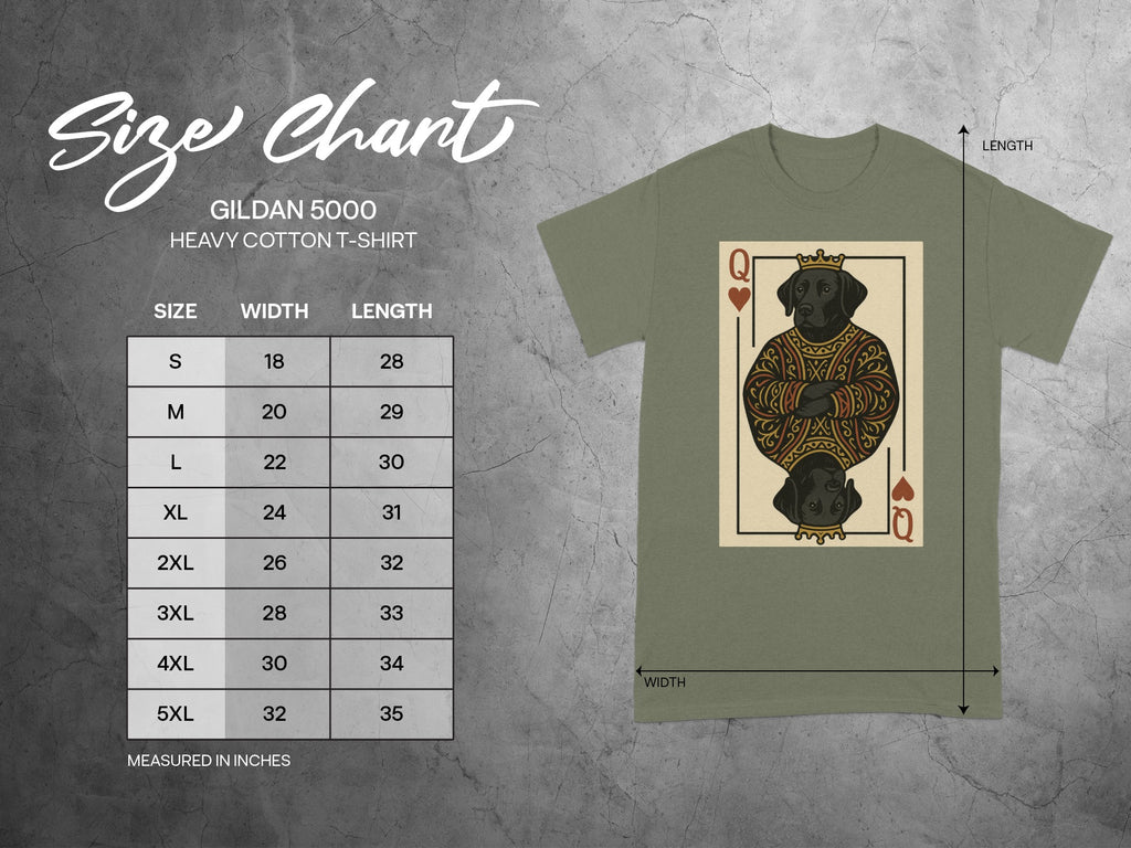 Gildan 5000 Heavy Cotton T-Shirt size chart with dog queen playing card graphic.
