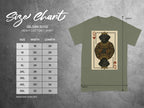 Gildan 5000 Heavy Cotton T-Shirt size chart with dog queen playing card graphic.