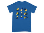 Collection of charming cartoon corgis in various cycling scenarios across a blue t-shirt.