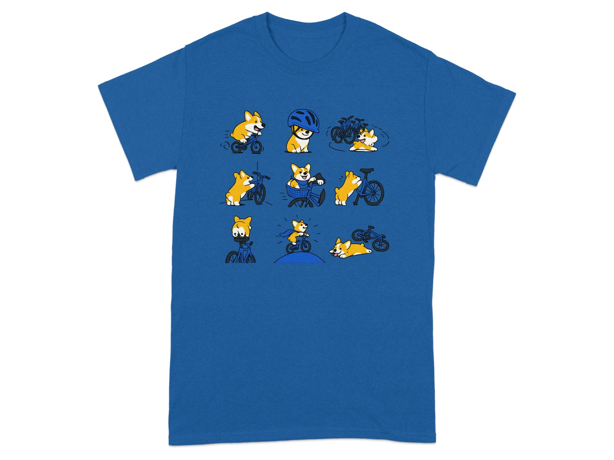 Collection of charming cartoon corgis in various cycling scenarios across a blue t-shirt.
