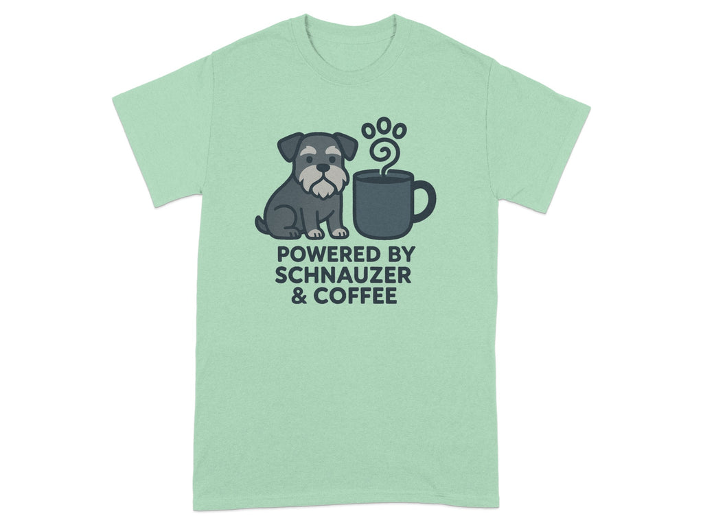 Light green t-shirt with a cartoon schnauzer and coffee cup graphic and text.