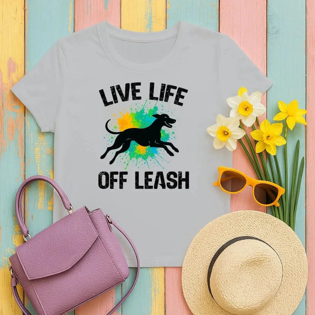 Live Life Off Leash Running Dog Silhouette Graphic T-Shirt Sport Grey T-shirt