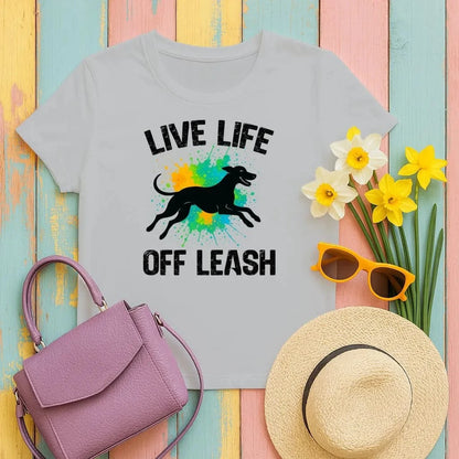 Live Life Off Leash Running Dog Silhouette Graphic T-Shirt Sport Grey T-shirt