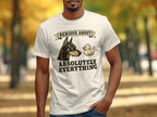 White t-shirt with a dog and rubber duck graphic and text.