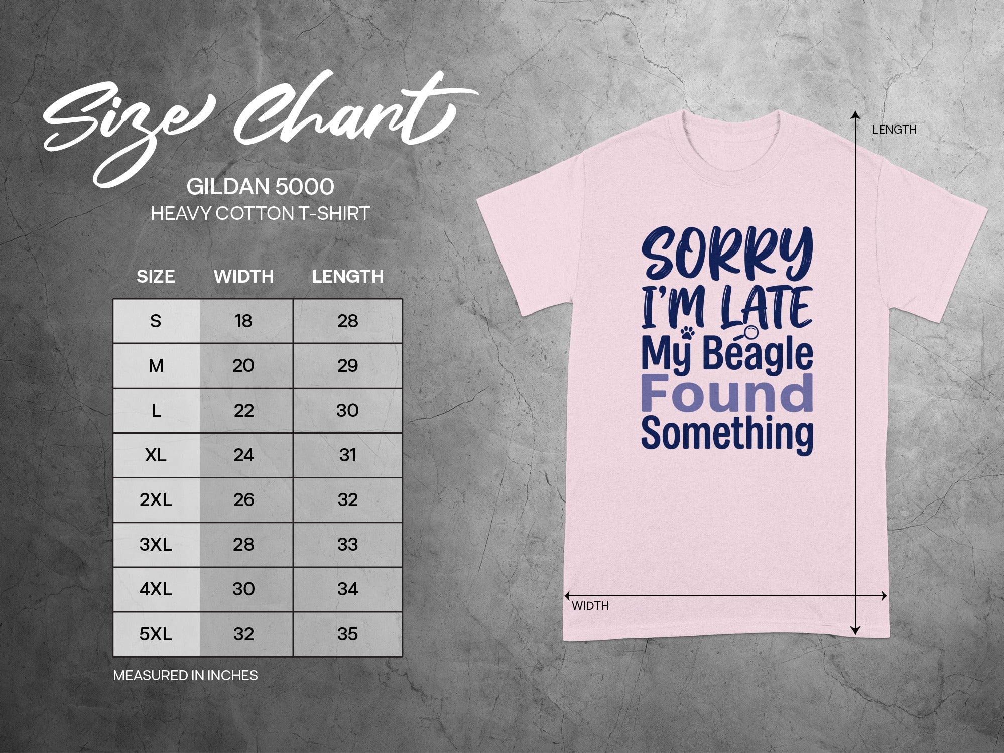 Gildan 5000 t-shirt size chart with chest width and length measurements.