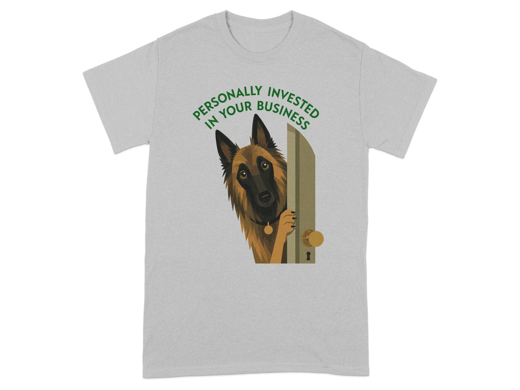 Belgian Malinois peeking from doorway with text "Personally invested in your business."