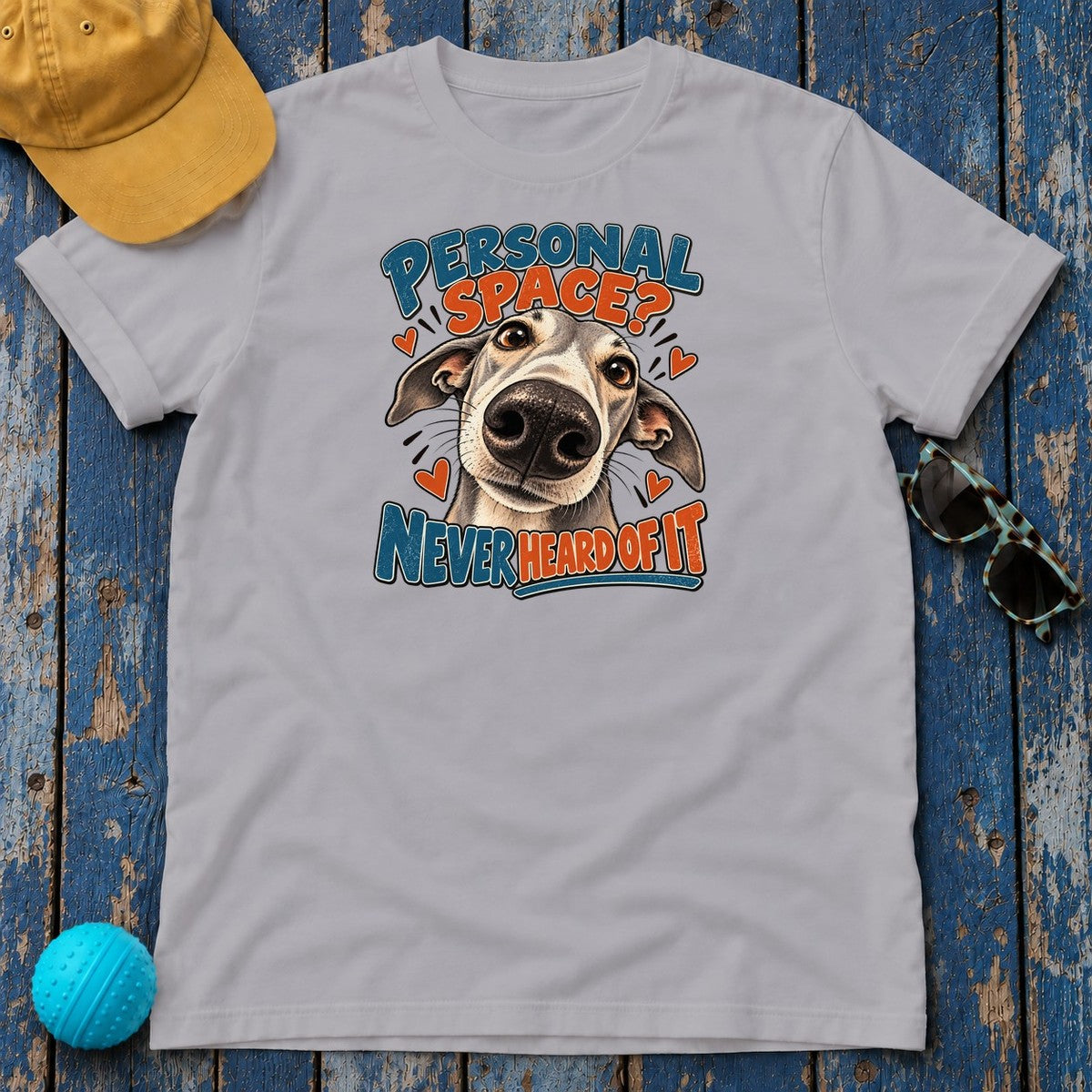 Personal Space Never Heard of It Greyhound T-Shirt in Athletic Heather - flat lay