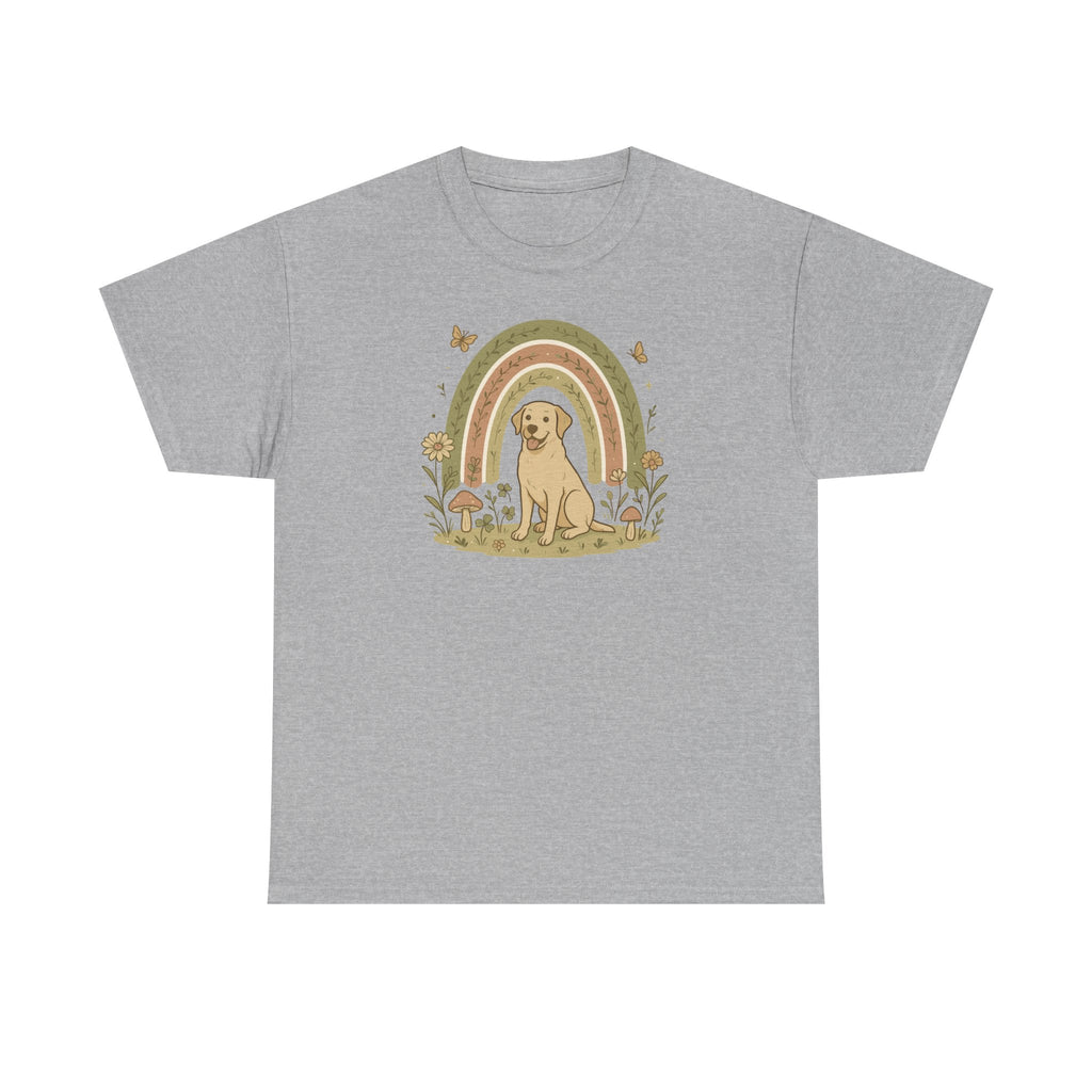 Adorable Labrador in Garden with Rainbow Graphic T-Shirt