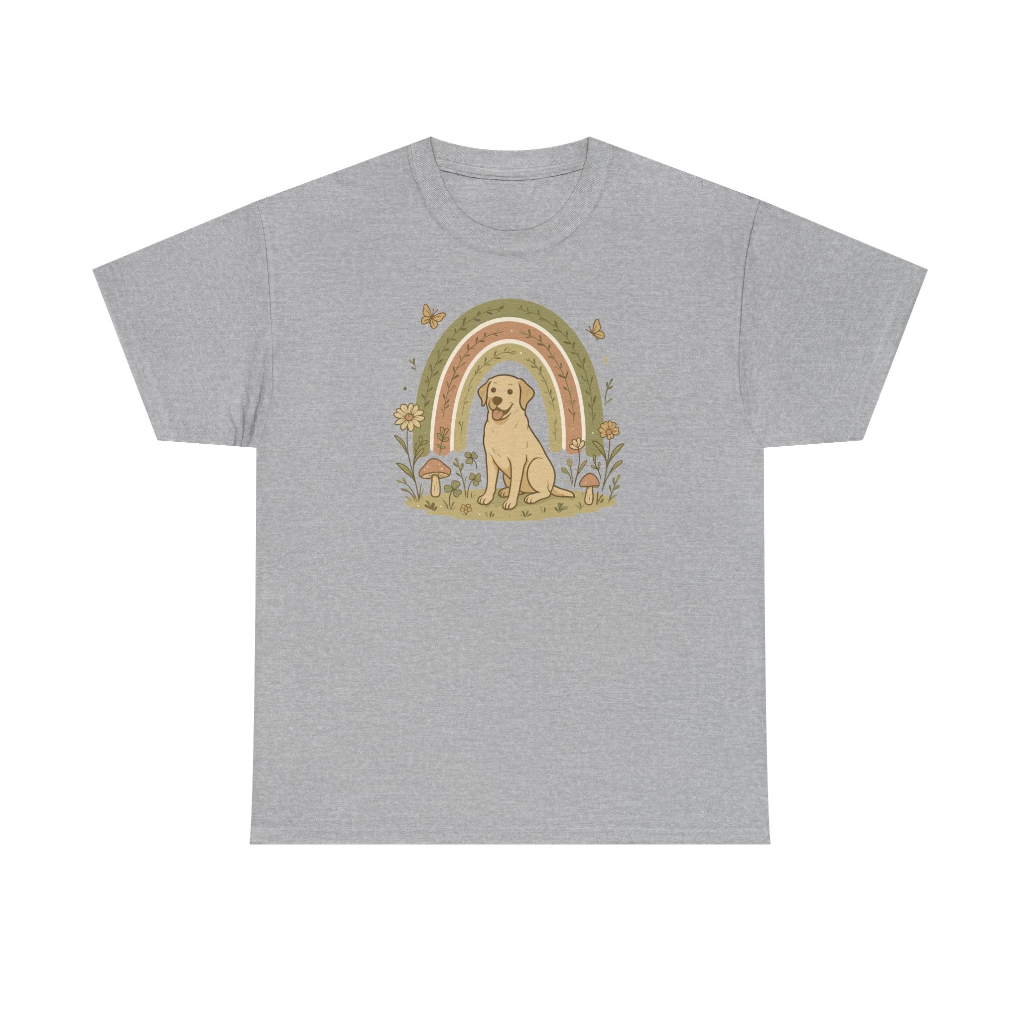 Adorable Labrador in Garden with Rainbow Graphic T-Shirt