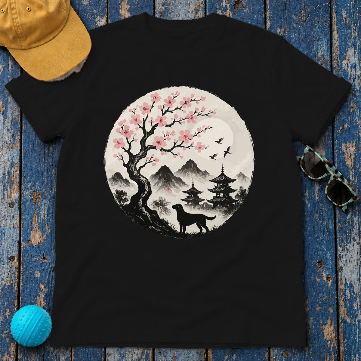 Labrador Under Cherry Blossoms T-Shirt in Black