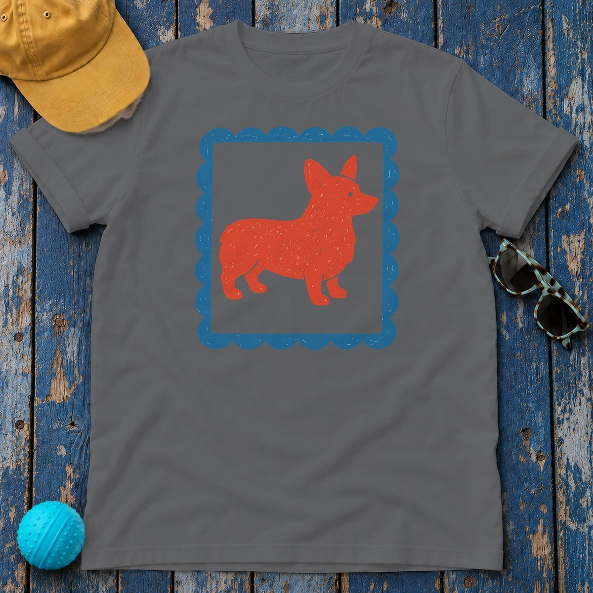 Cute Cartoon Corgi Dog Inside Ornamental Frame T-Shirt in Graphite Heather