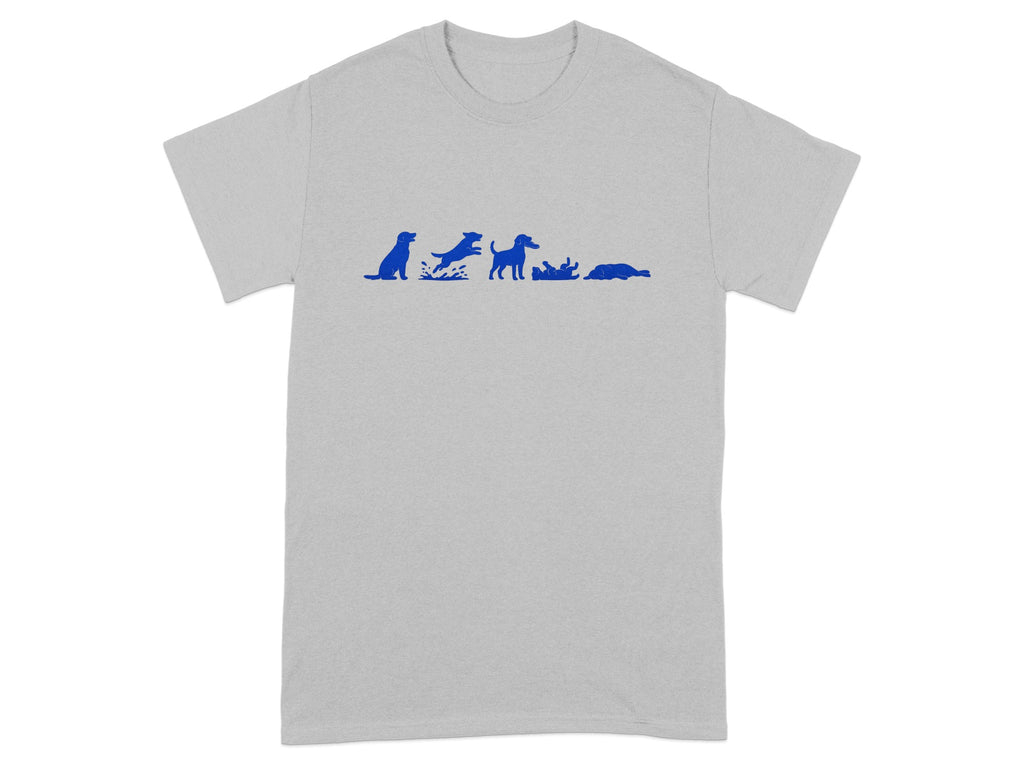 Light grey t-shirt with blue dog silhouettes in sequence across the chest.