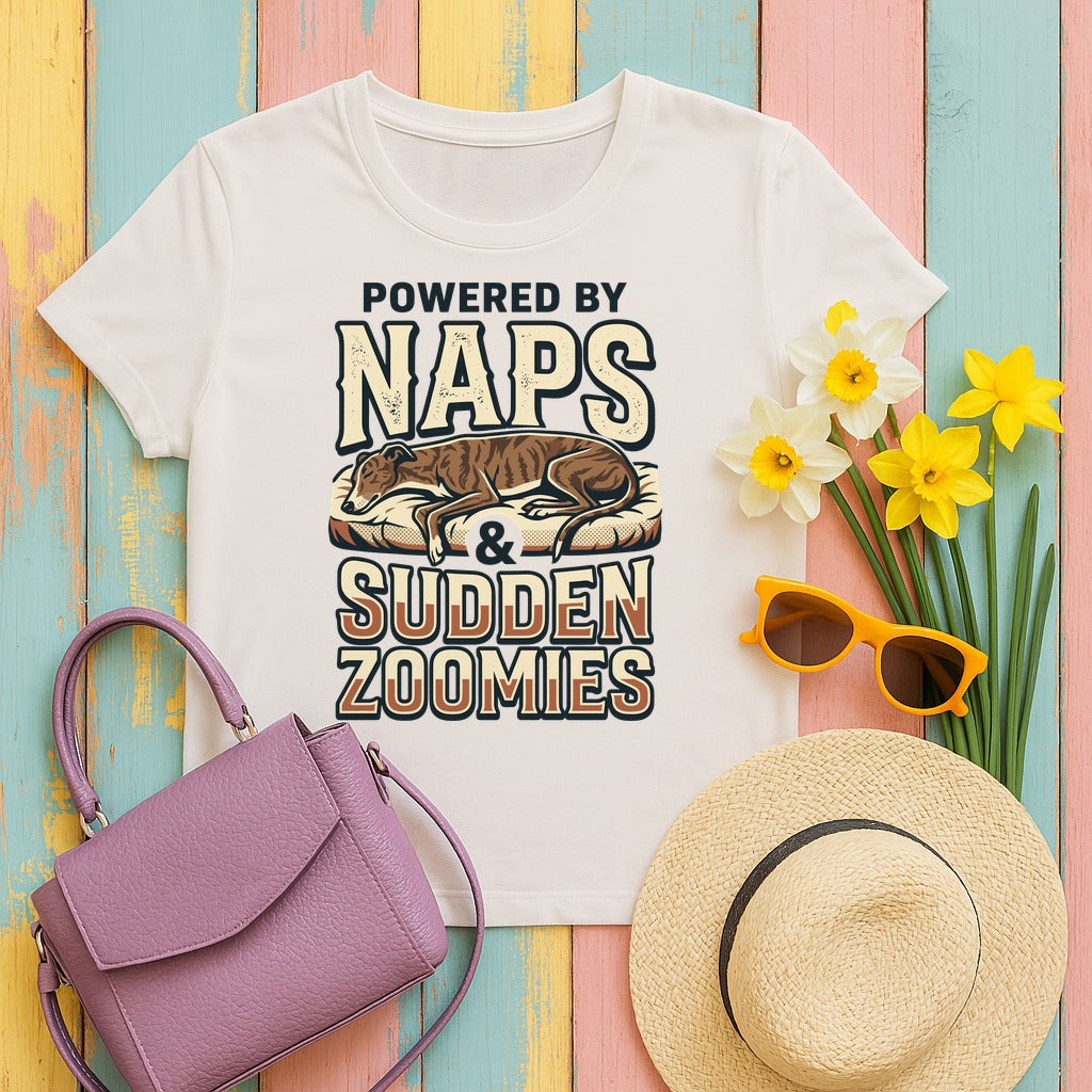 Powered By Naps & Zoomies Greyhound T-Shirt in Ice Grey