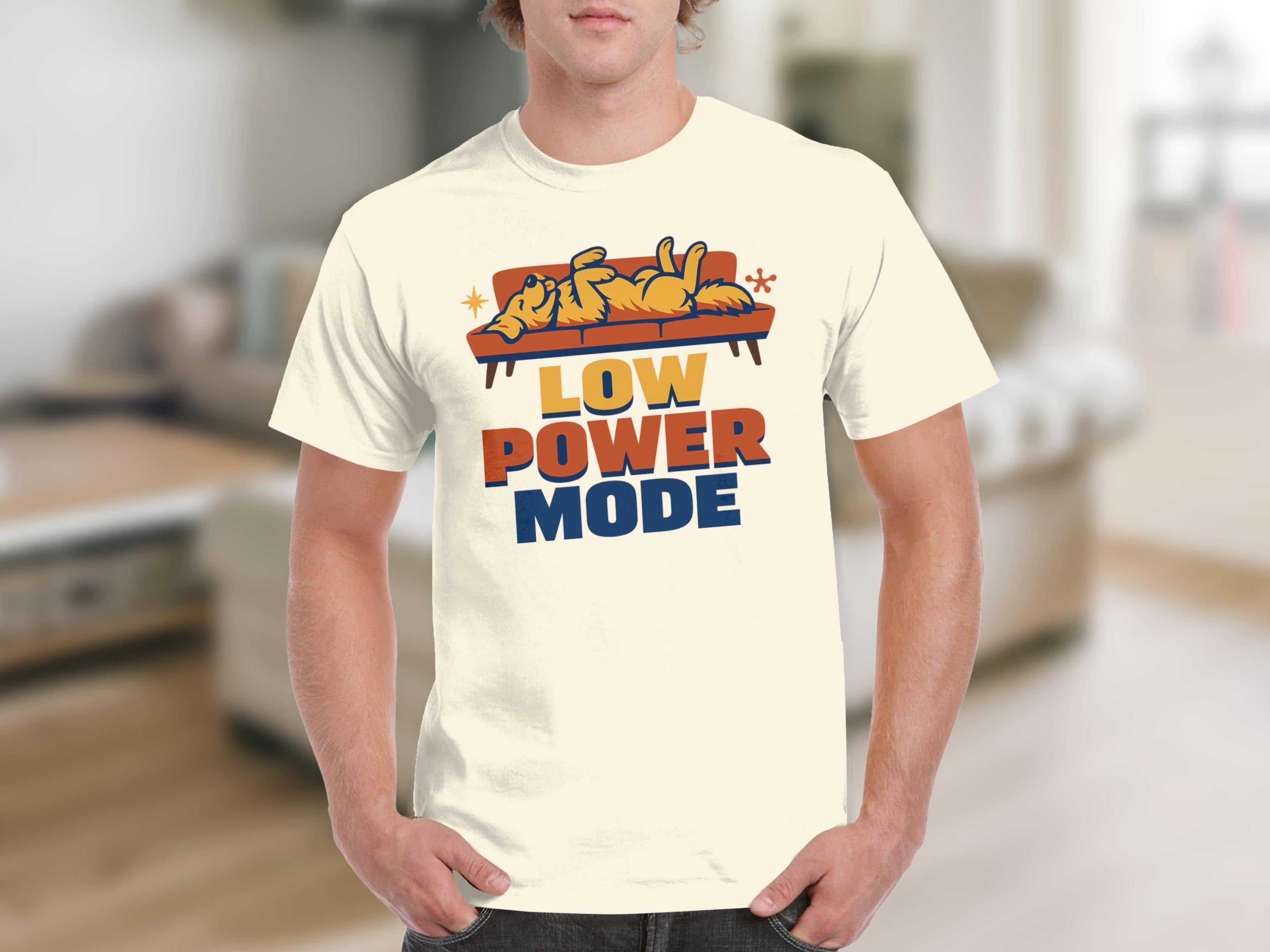 Cream t-shirt with "LOW POWER MODE" text and a cartoon dog sleeping on a couch.
