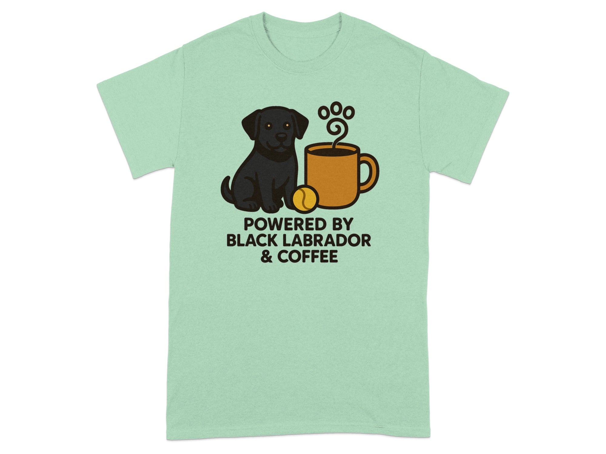 Light green t-shirt with black lab, coffee cup, and text.