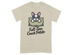 French Bulldog resting on a pillow with "Full-Time Couch Potato" text.