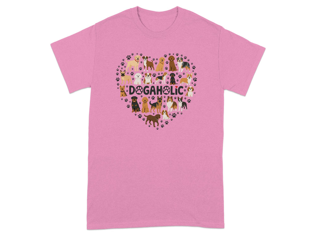 Pink t-shirt with a heart-shaped collage of dogs and "DOGAHOLIC" text.