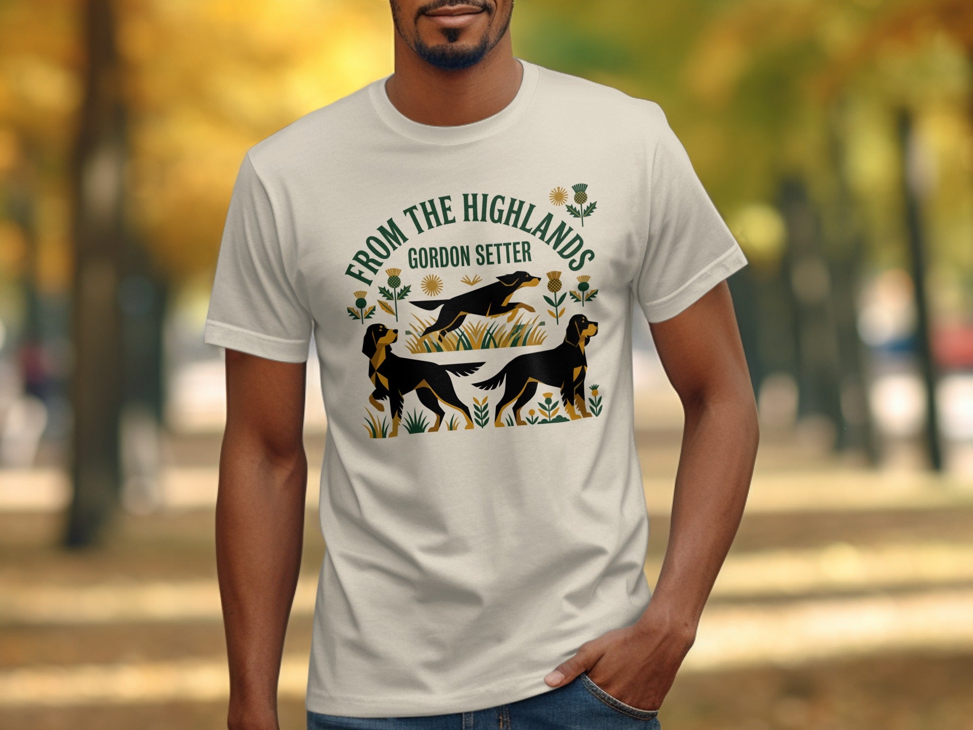 Gordon Setter t-shirt with three dogs and "FROM THE HIGHLANDS" text.