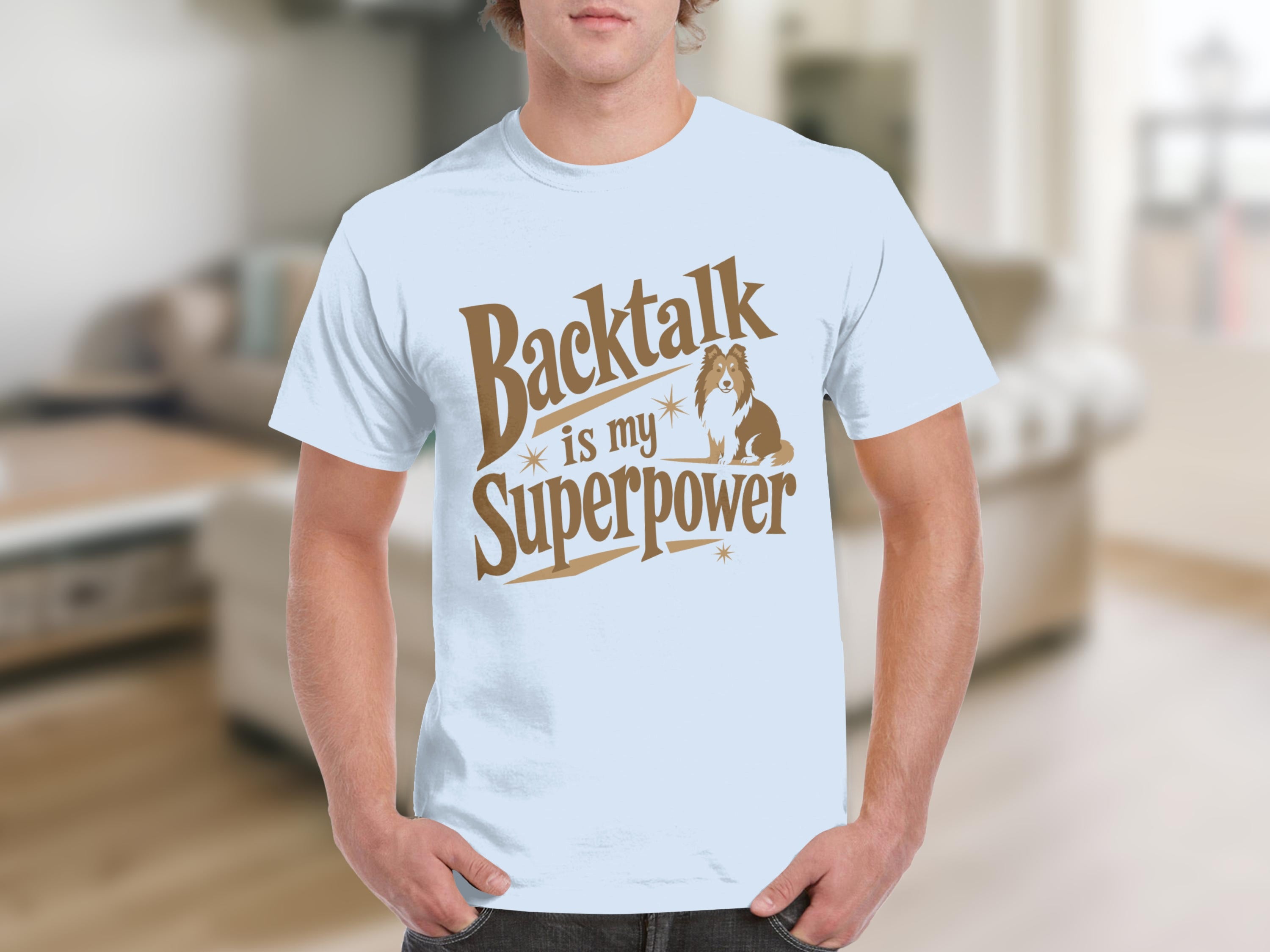 Light blue t-shirt with "Backtalk is my superpower" and dog graphic.