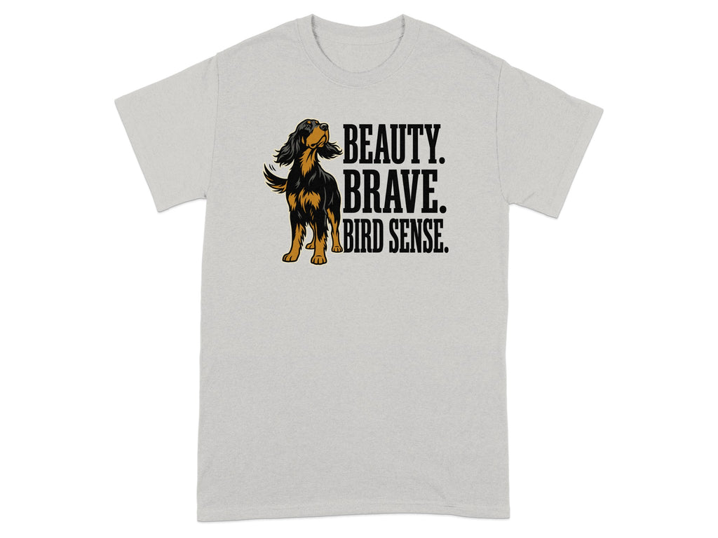Grey t-shirt with a dog and text: BEAUTY. BRAVE. BIRD SENSE.