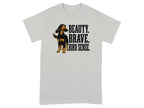 Grey t-shirt with a dog and text: BEAUTY. BRAVE. BIRD SENSE.