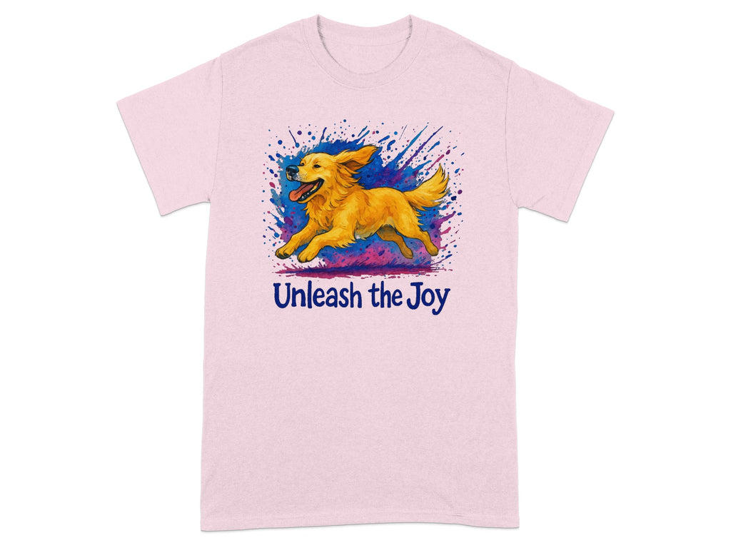 Pink t-shirt with running golden retriever and text "Unleash the Joy."