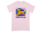 Pink t-shirt with running golden retriever and text "Unleash the Joy."