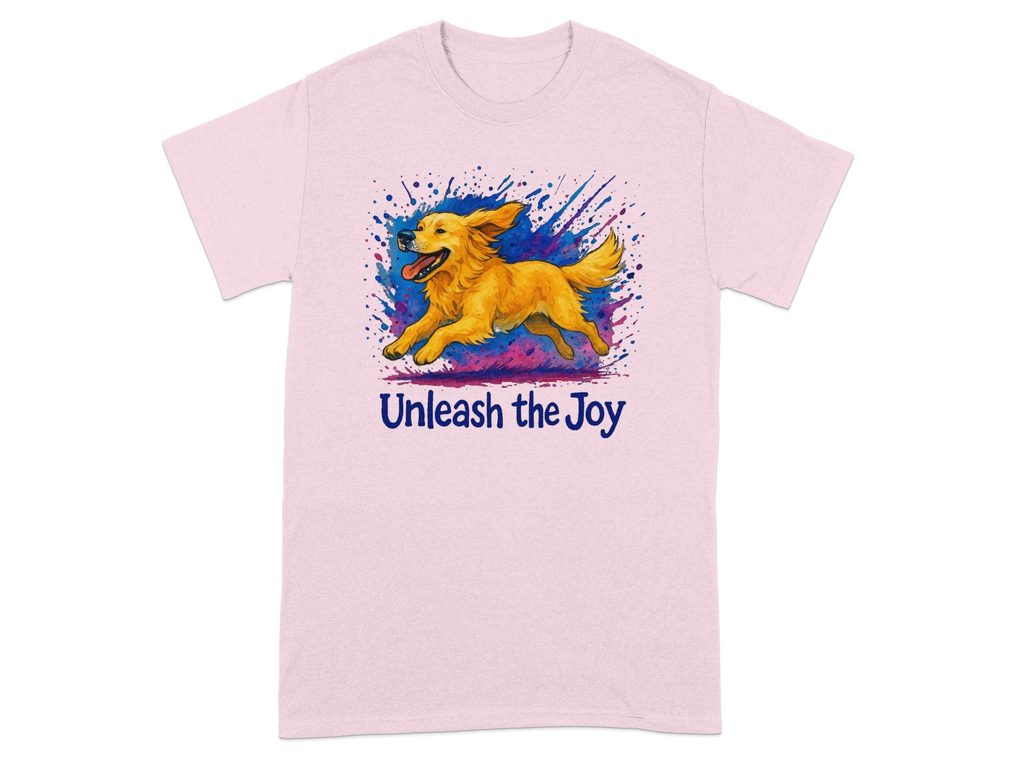 Pink t-shirt with running golden retriever and text "Unleash the Joy."