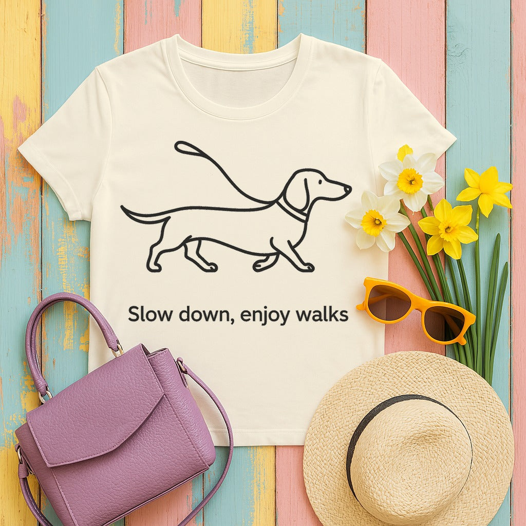 Dachshund Stroll Minimalist T-Shirt in Natural