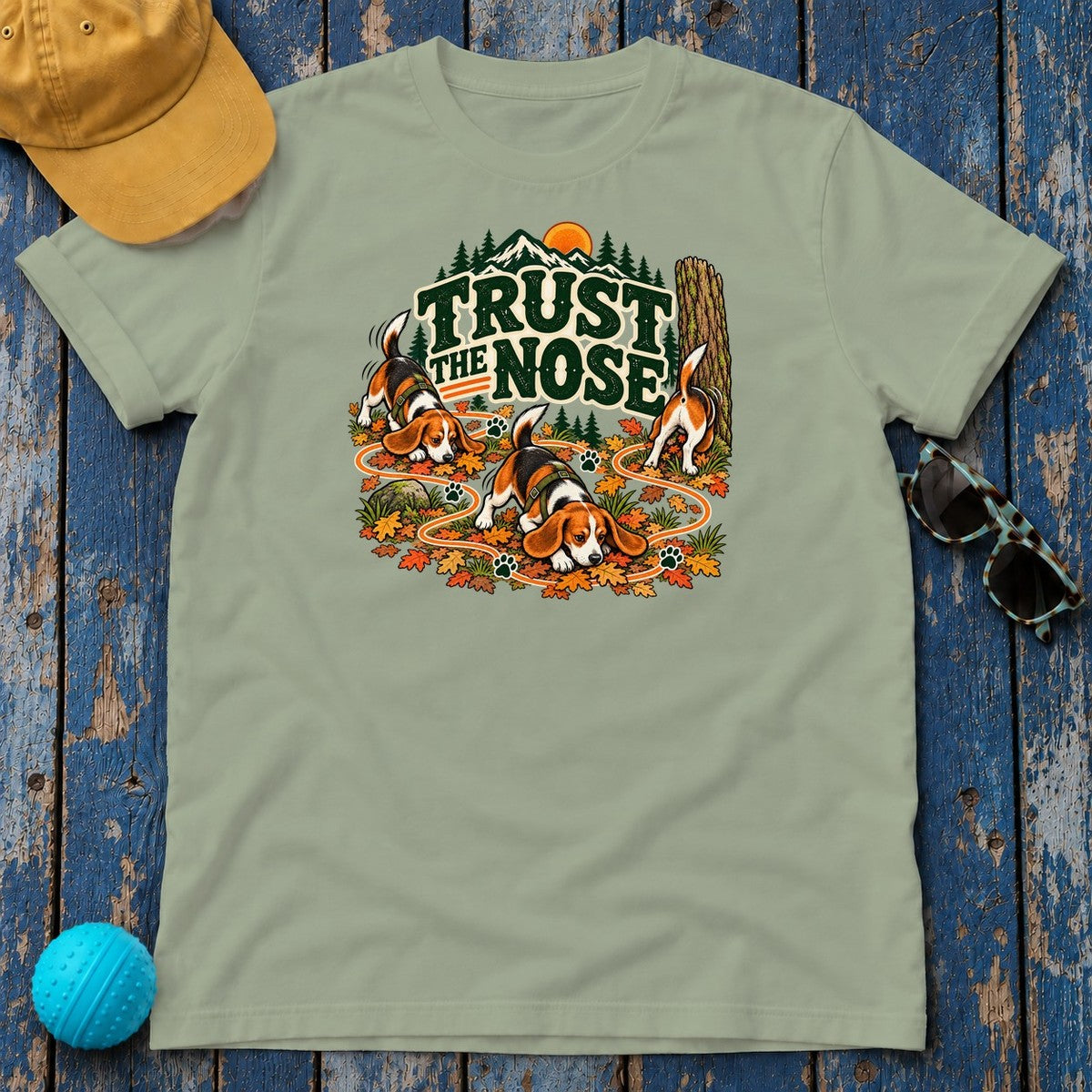 Trust the Nose Beagle Trail T-Shirt in Sage - flat lay