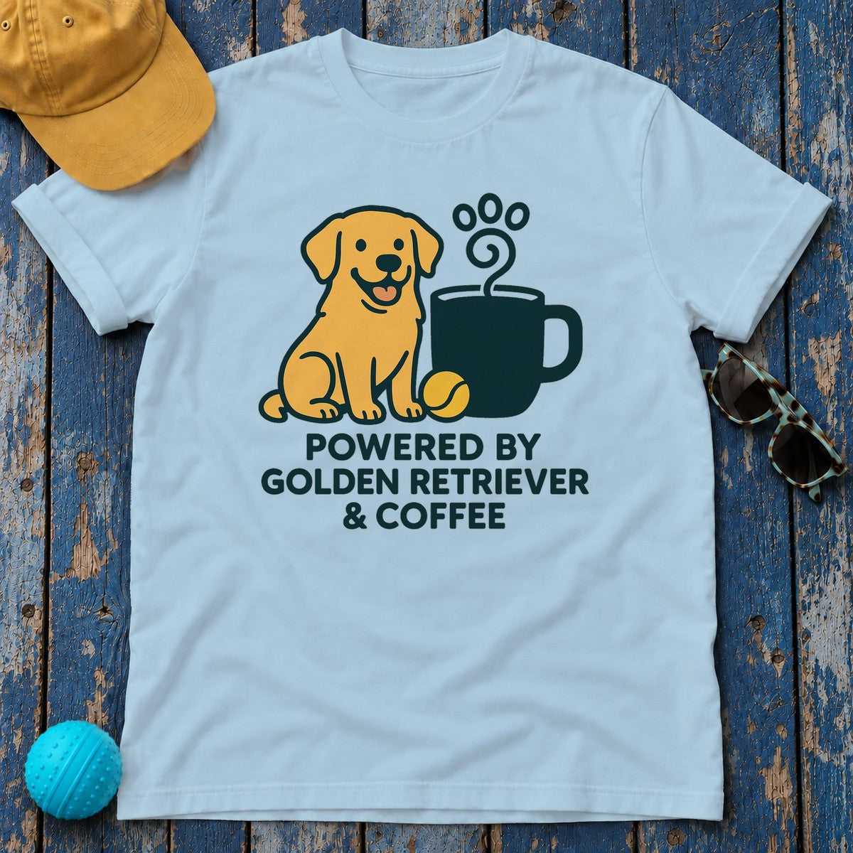 Golden Retriever & Coffee Power T-Shirt in Light Blue
