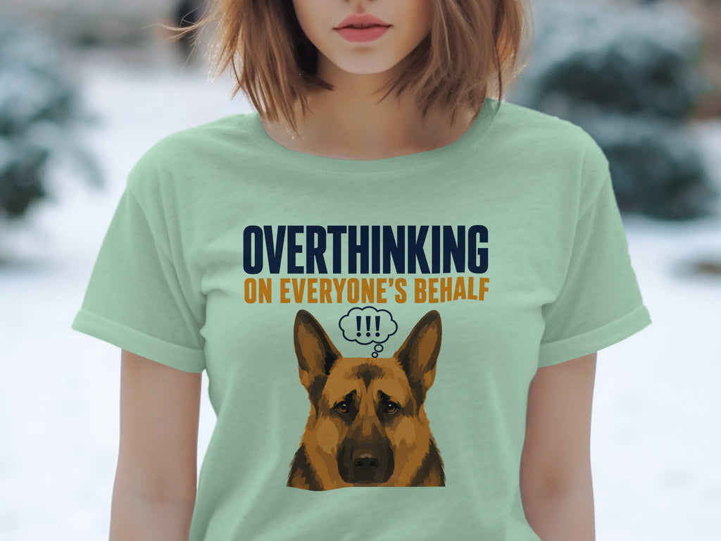 T-shirt with "Overthinking on Everyone's Behalf" and dog graphic.