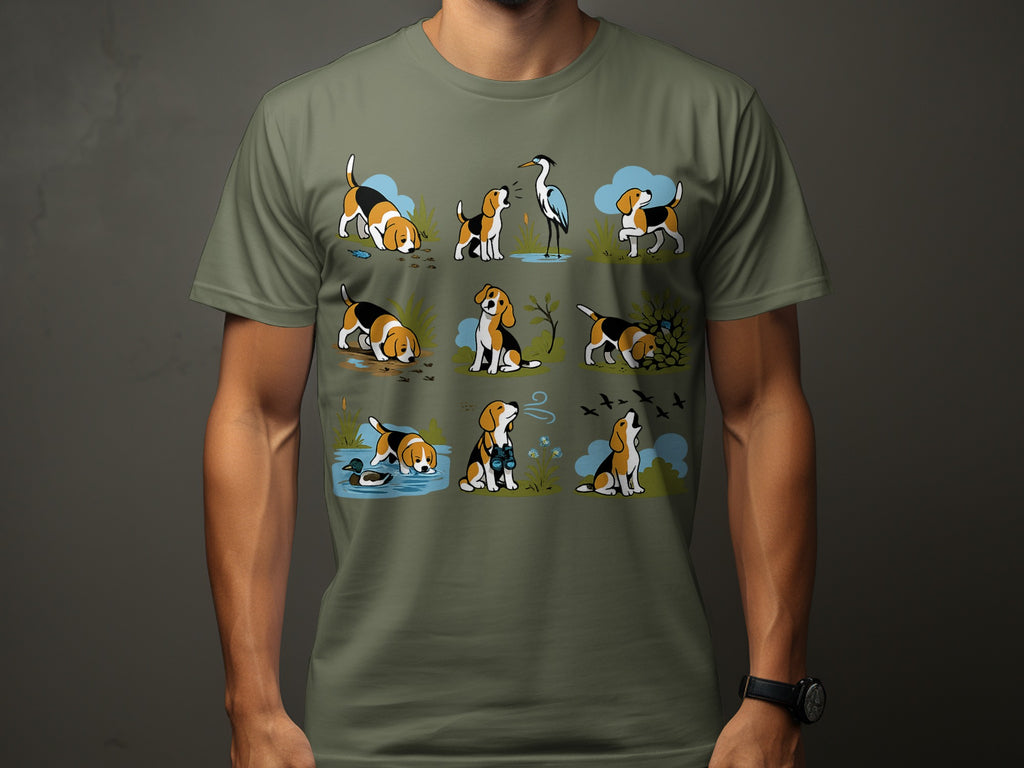Beagle dogs interacting with nature: waterfowl, birds, and a heron.