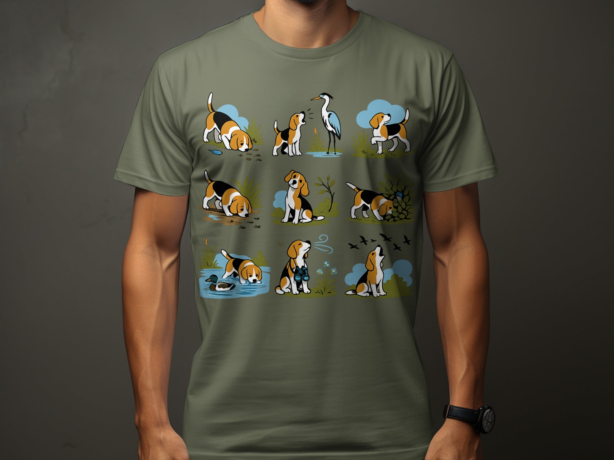 Beagle dogs interacting with nature: waterfowl, birds, and a heron.