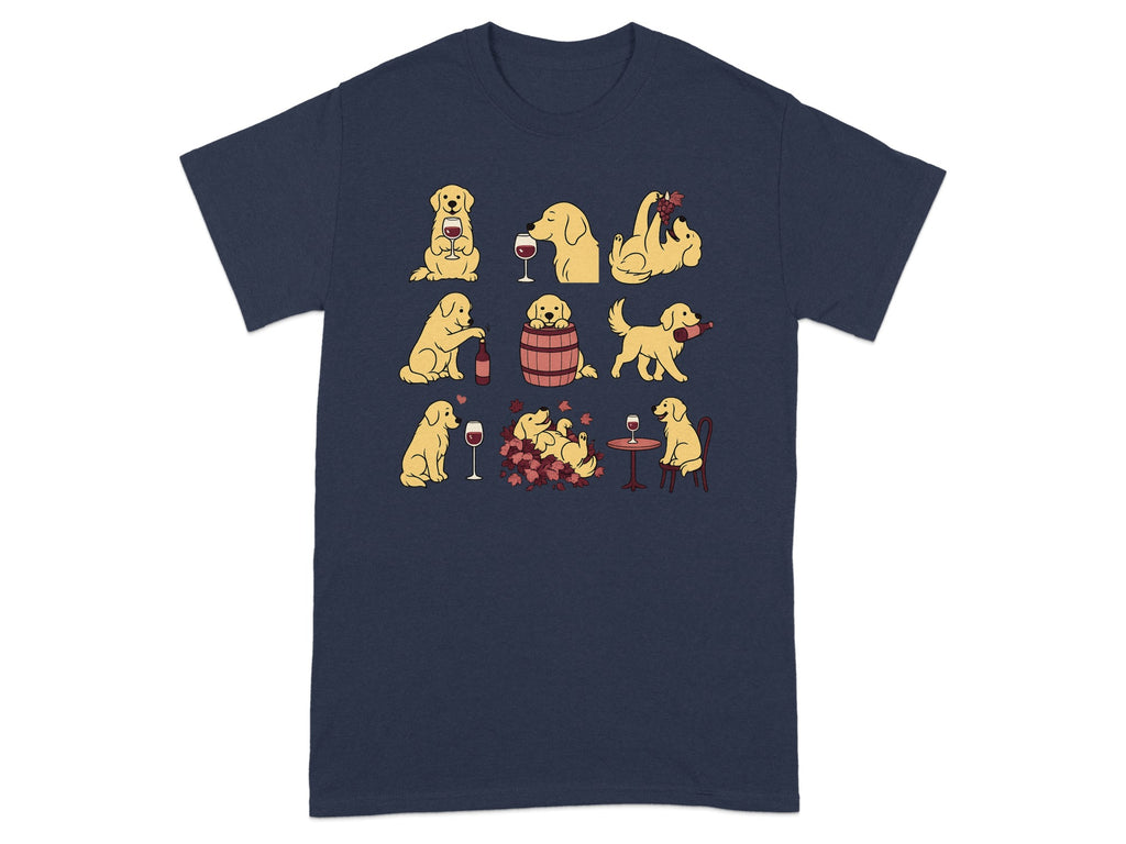 Nine illustrated golden retrievers in various playful poses with wine bottles and glasses.