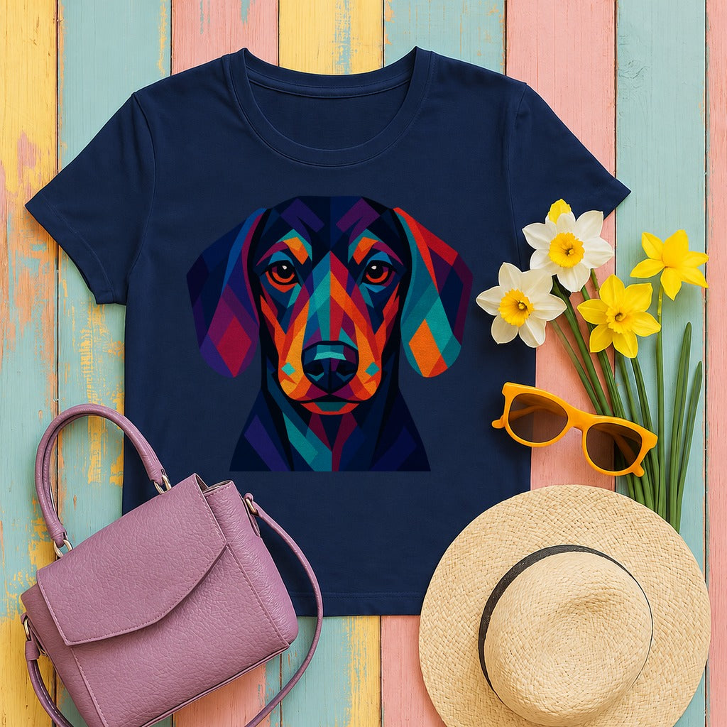 Colorful Geometric Dachshund Graphic Art Design T-Shirt in Navy