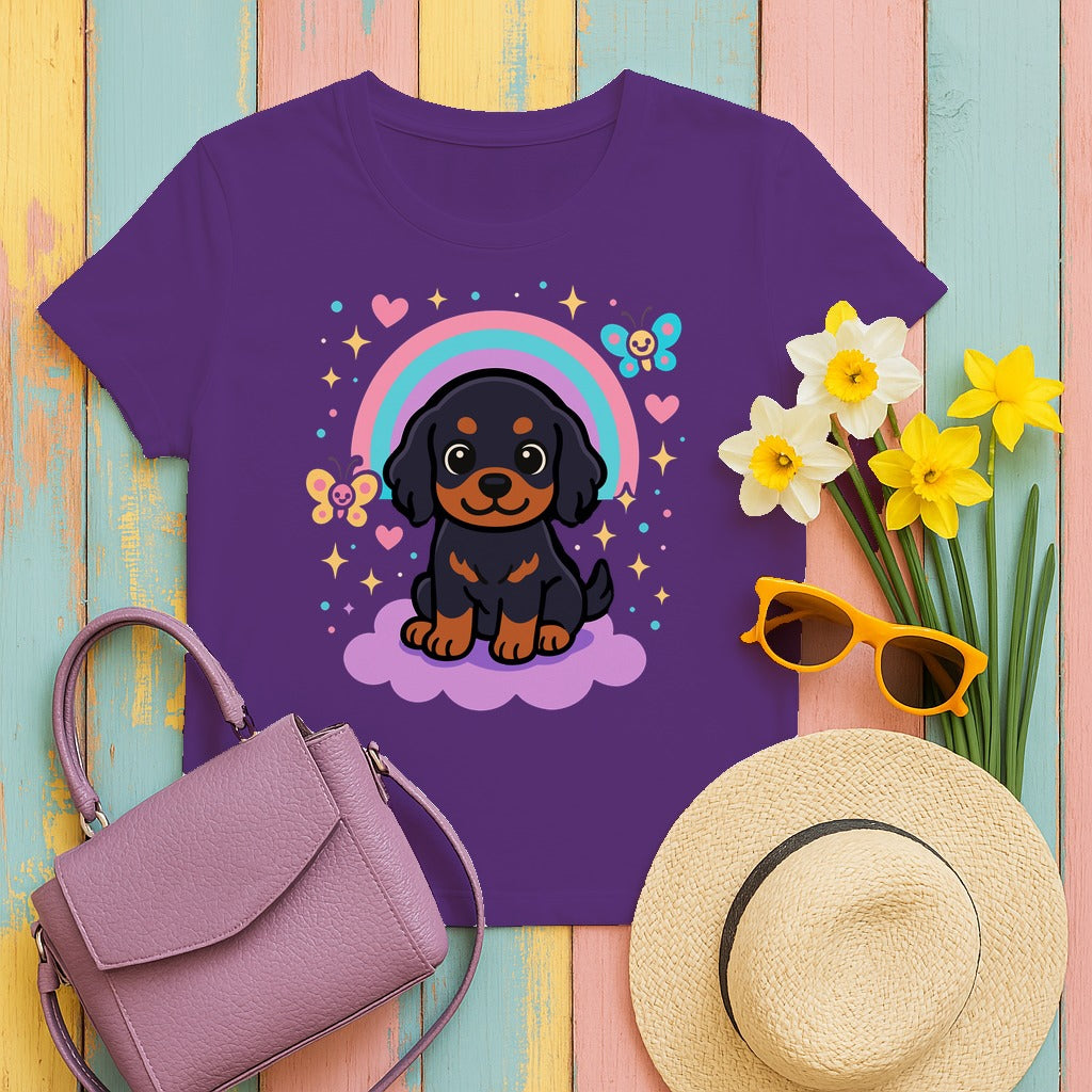 Cute Puppy Gordon Setter On Cloud Under Rainbows Stars and Hearts T-Shirt in Purple