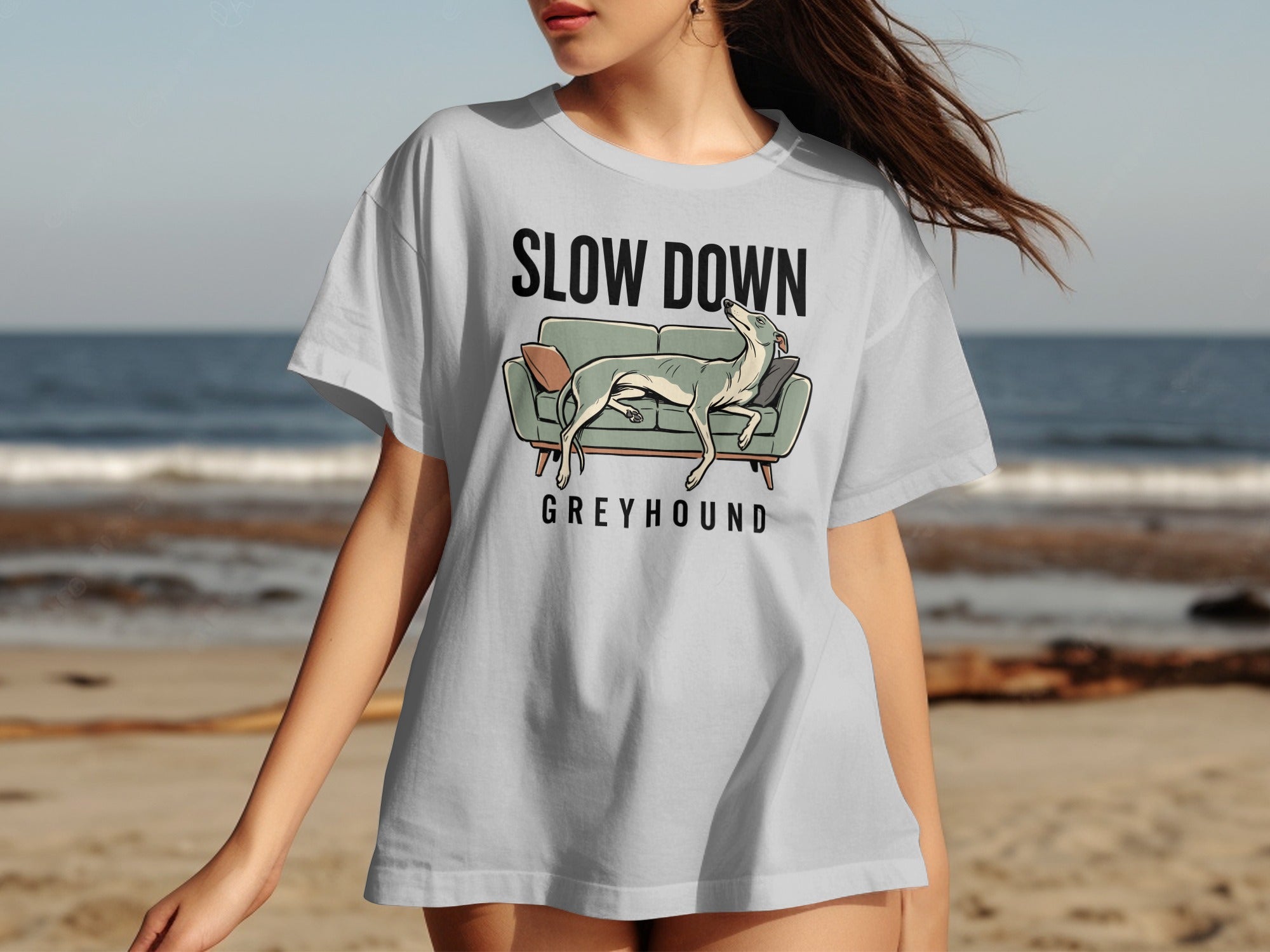 Grey t-shirt with "SLOW DOWN GREYHOUND" and a resting greyhound illustration.