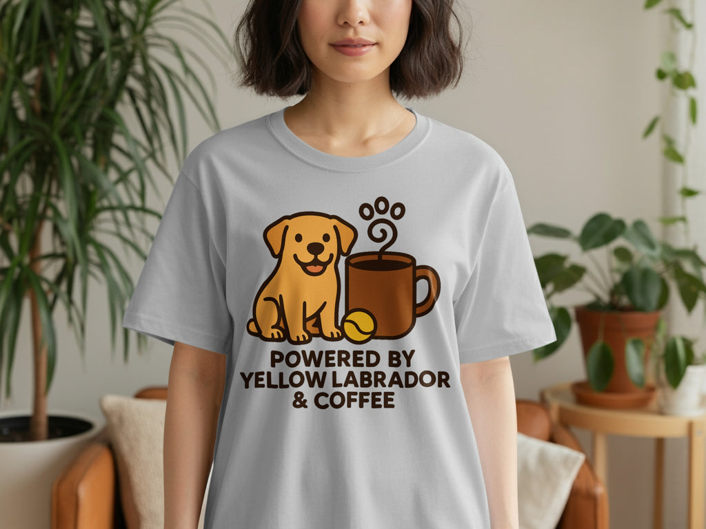 Grey t-shirt with "Powered by Yellow Labrador & Coffee" text and graphic.