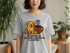 Grey t-shirt with "Powered by Yellow Labrador & Coffee" text and graphic.
