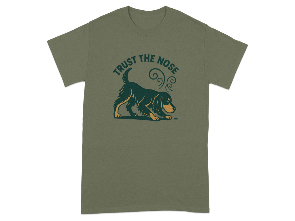Olive t-shirt with a dark green dog design and text.