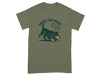 Olive t-shirt with a dark green dog design and text.