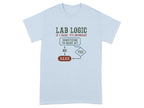 Light blue t-shirt with "Lab Logic" flowchart about barking.