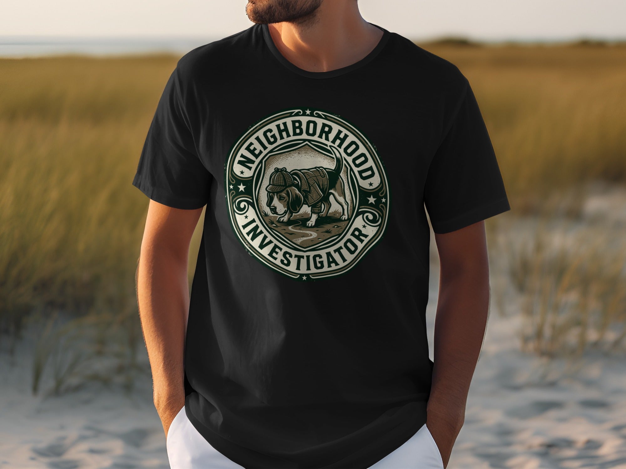 Black t-shirt with "Neighborhood Investigator" dog logo on chest.