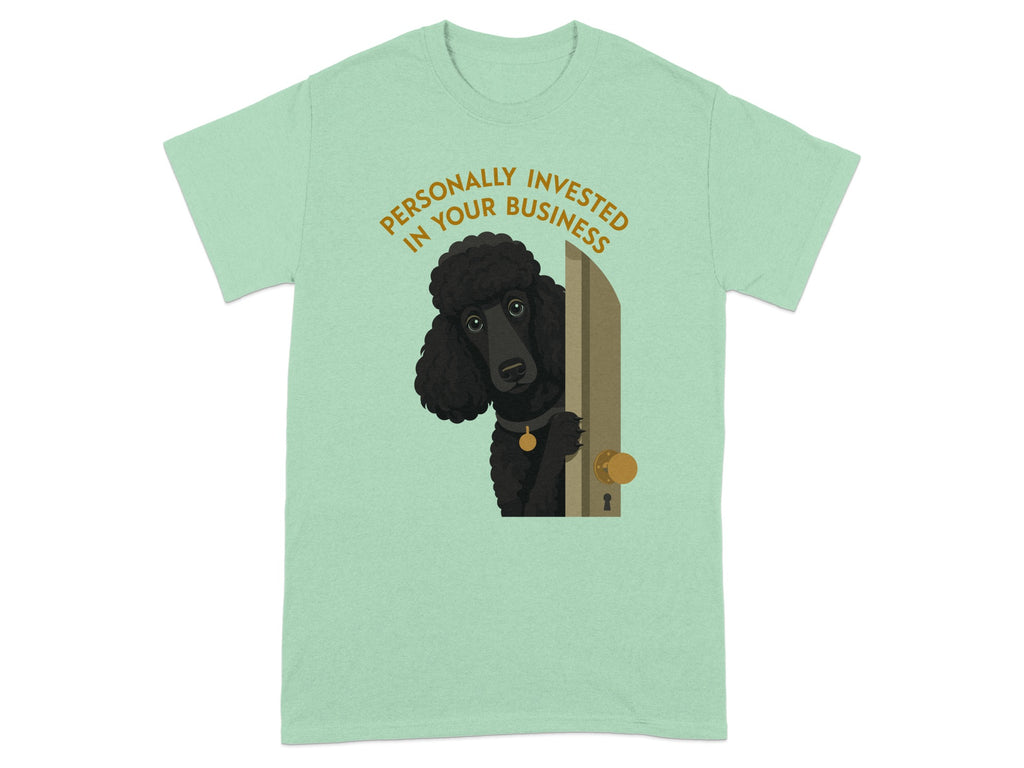 Poodle peeking through doorway, text "Personally invested in your business".