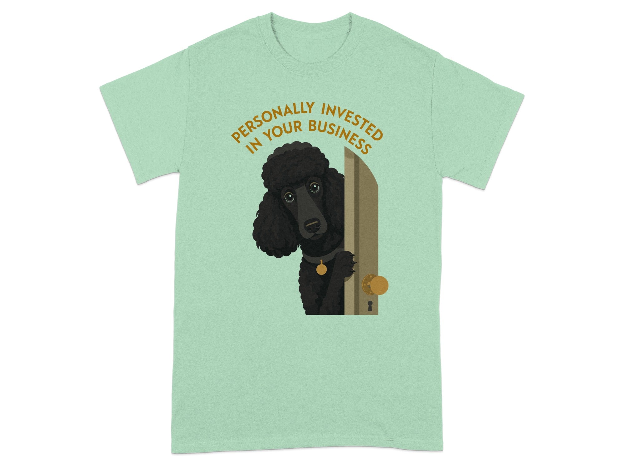 Poodle peeking through doorway, text "Personally invested in your business".